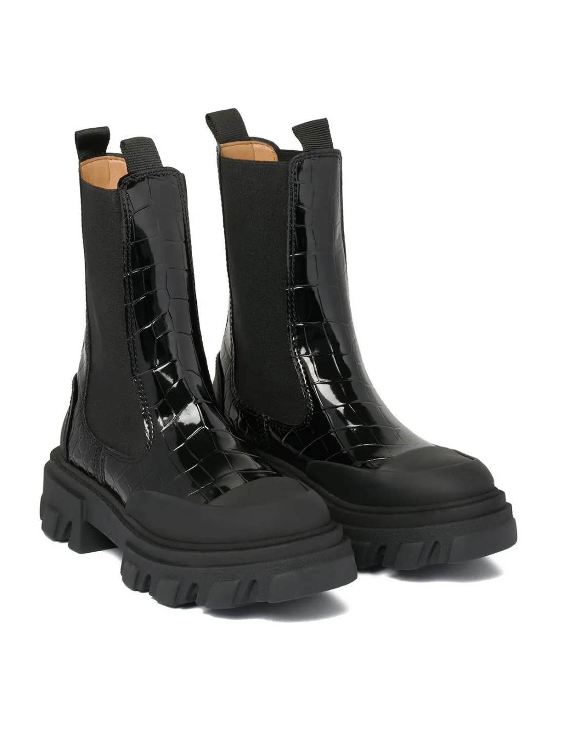 Ganni - Cleated Mid Chelsea Boot Naplack Croco in black