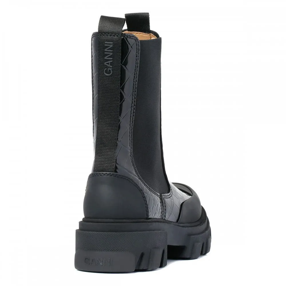 Ganni - Cleated Mid Chelsea Boot Naplack Croco in black