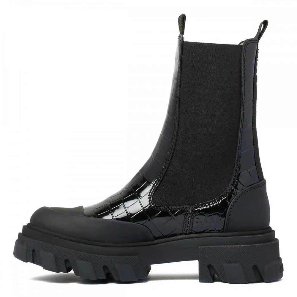 Ganni - Cleated Mid Chelsea Boot Naplack Croco in black