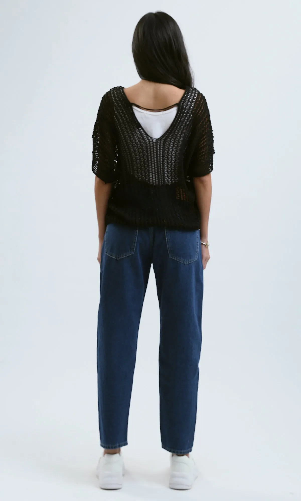 O182706 Black Loose Perforated Top With Wide V-Neck