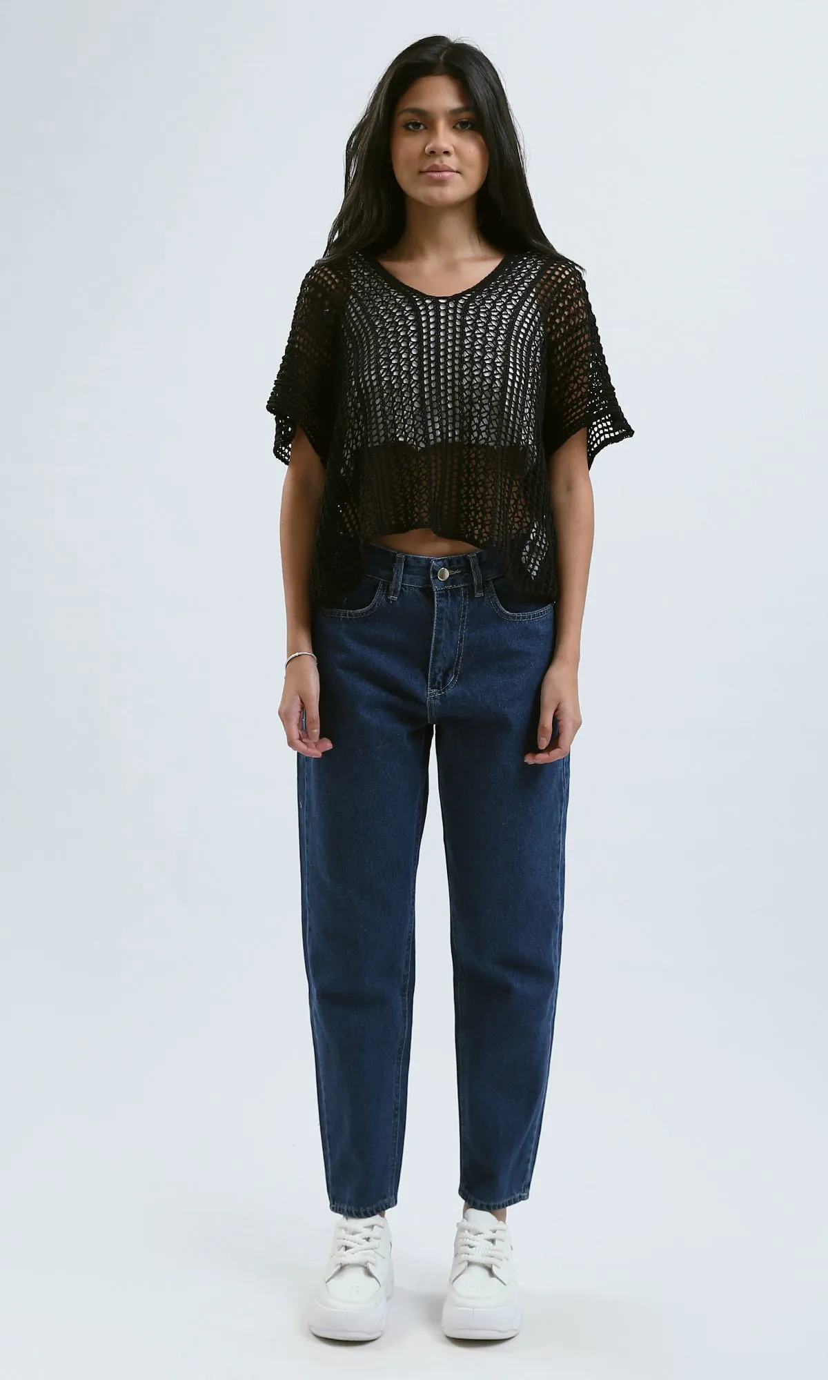 O182706 Black Loose Perforated Top With Wide V-Neck