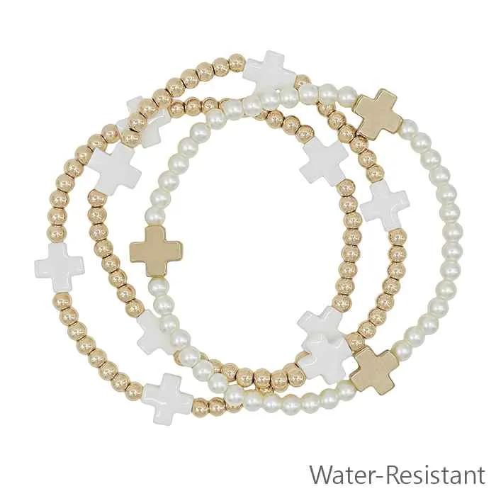Water-Resistant Beaded Stretch Bracelet with Cross Accents