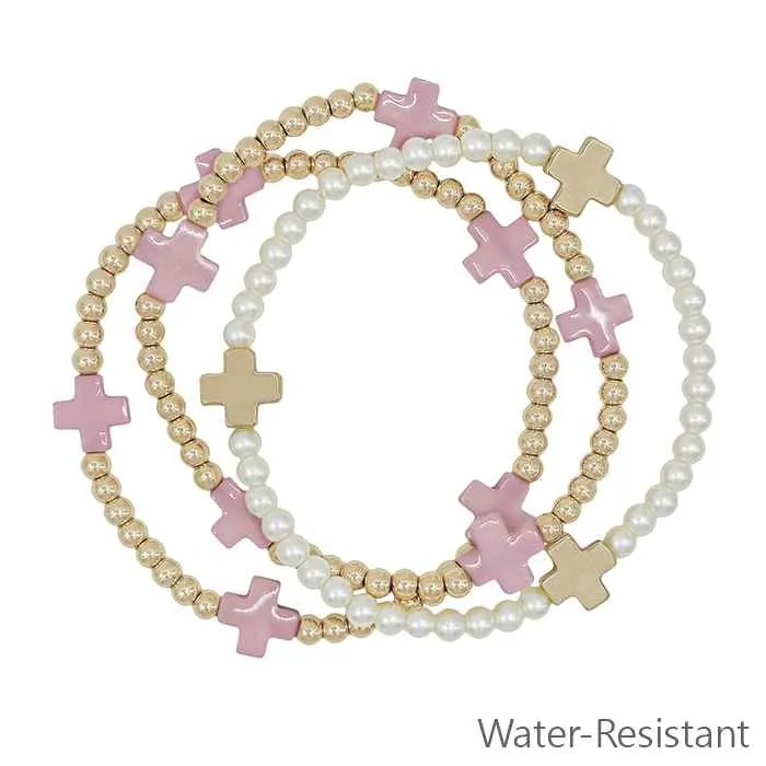 Water-Resistant Beaded Stretch Bracelet with Cross Accents