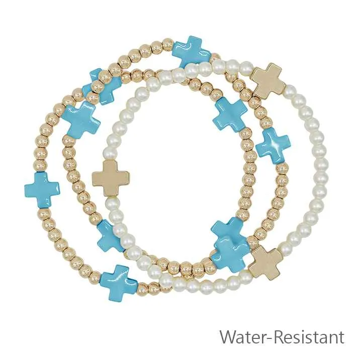 Water-Resistant Beaded Stretch Bracelet with Cross Accents