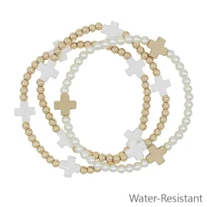 Water-Resistant Beaded Stretch Bracelet with Cross Accents